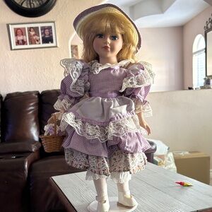 Porcelain Doll in Lavender Gingham Dress with Hat and Basket - Kids Toys 16" T
